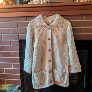 Cream Knit Cardigan / Knit Chore Coat with Acrylic Wood Grain Buttons